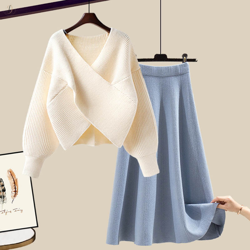 アプリコットセーター+ブルースカート