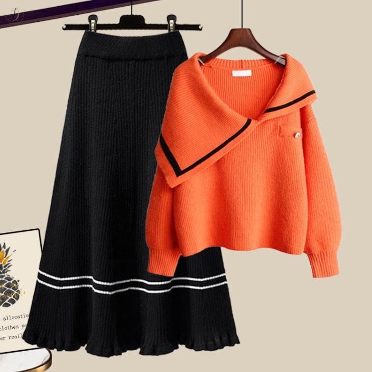 オレンジセーター＋ブラックスカート