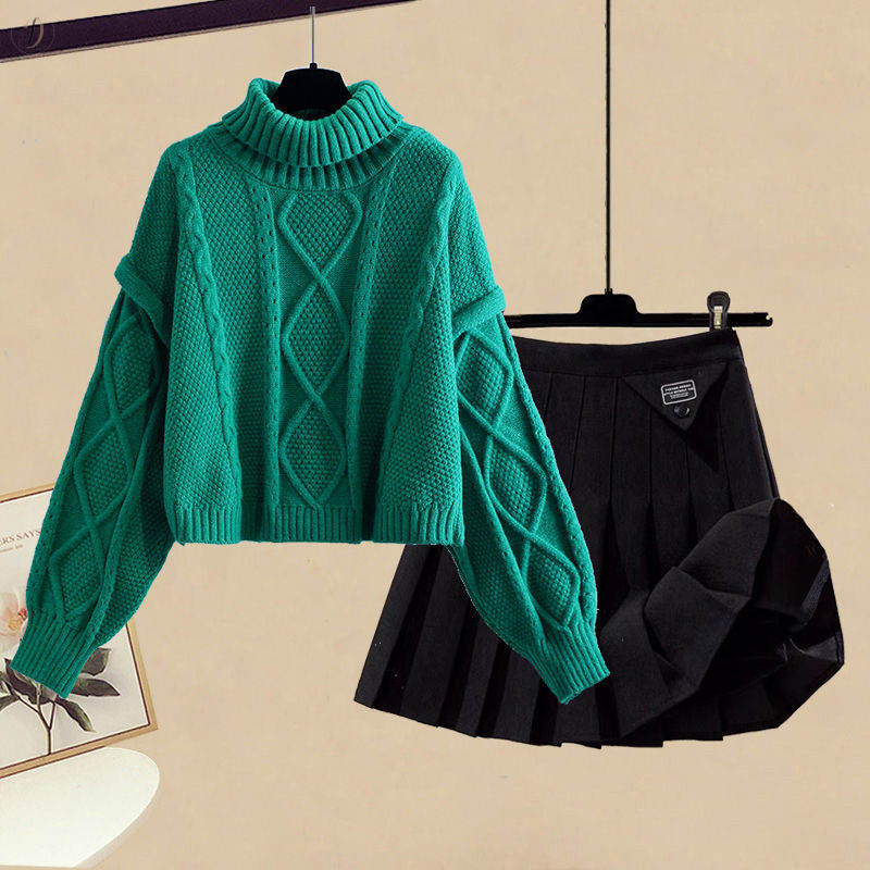 グリーン/ニット.セーター+ブラック/スカート