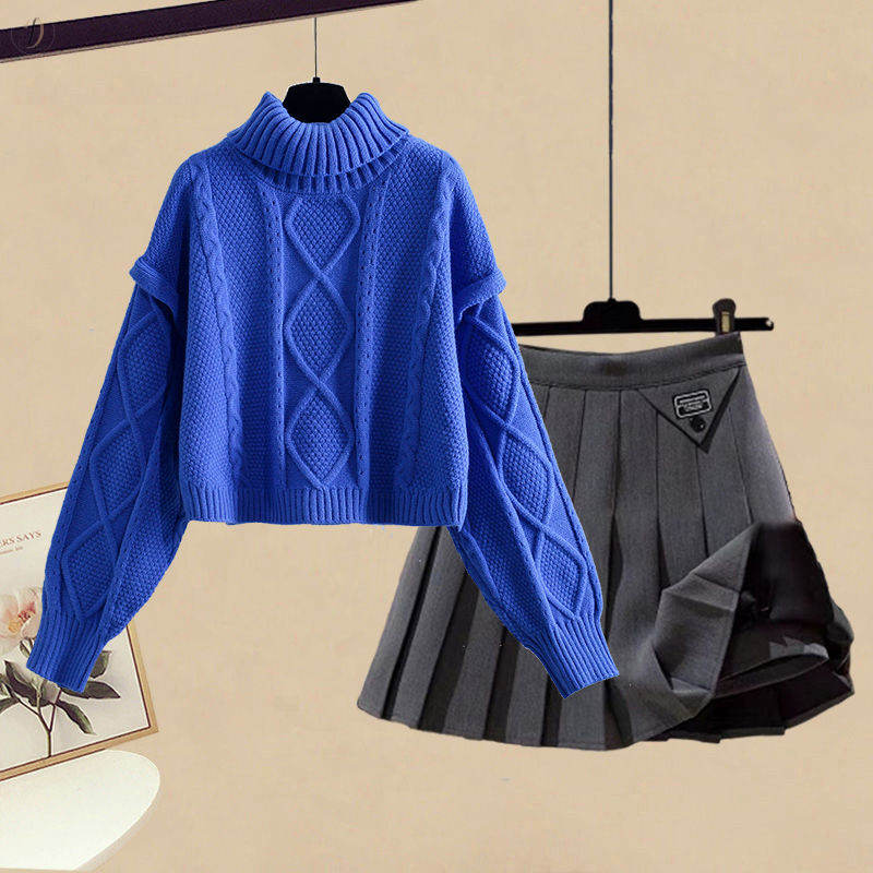 ブルー/ニット.セーター+グレー/スカート