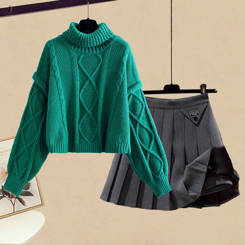 グリーン/ニット.セーター+グレー/スカート