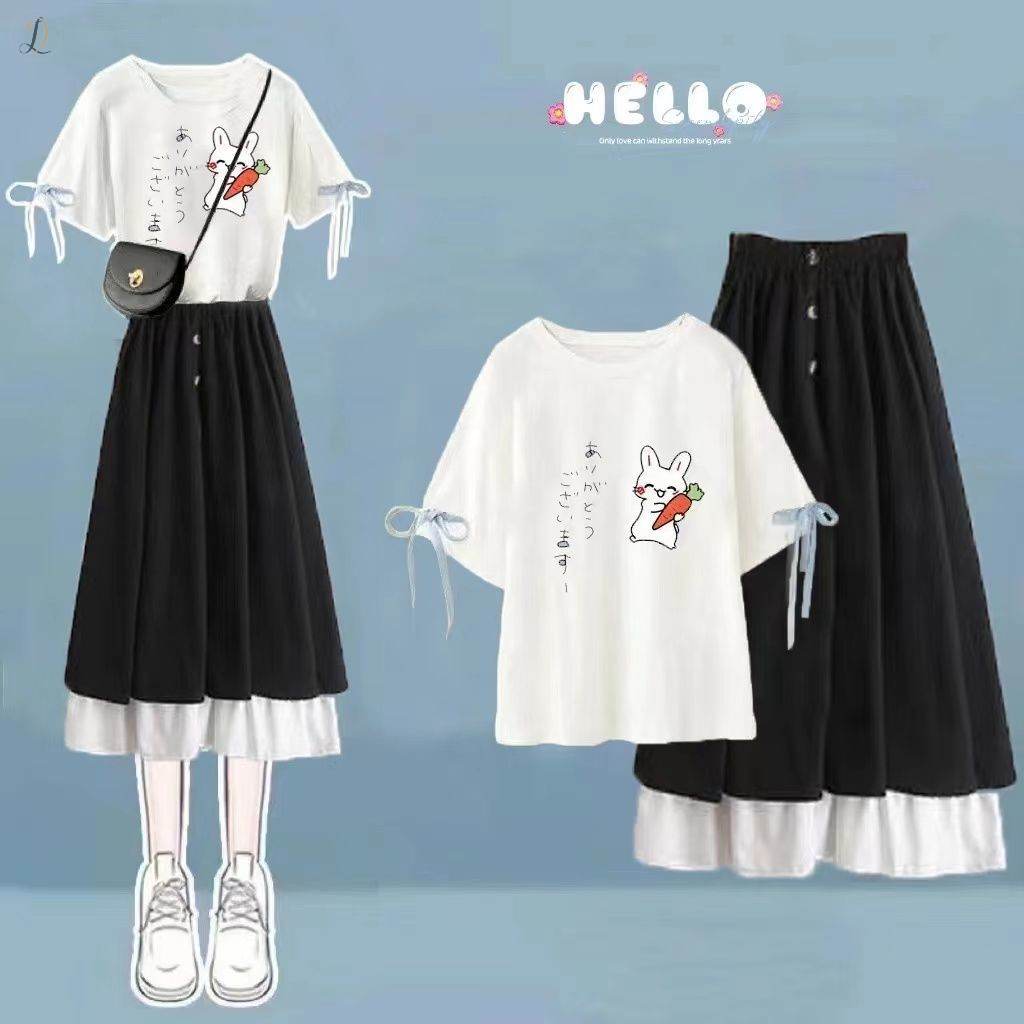 ホワイトTシャツ+切り替えスカート/セット