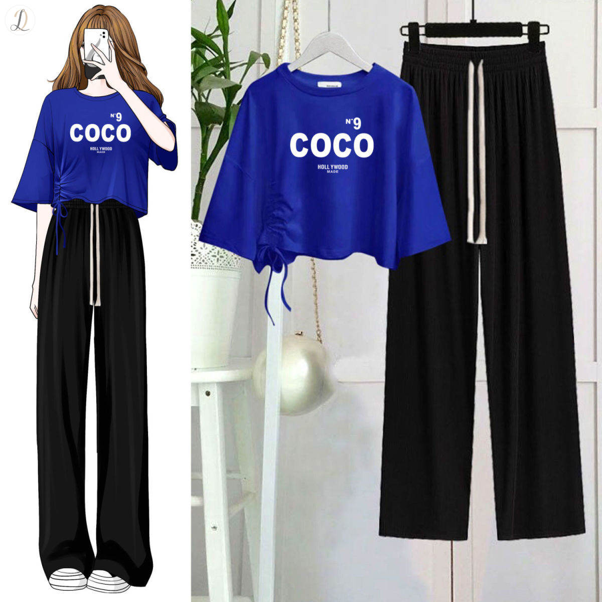 ブルー(COCO)/Tシャツ+ブラック/パンツ