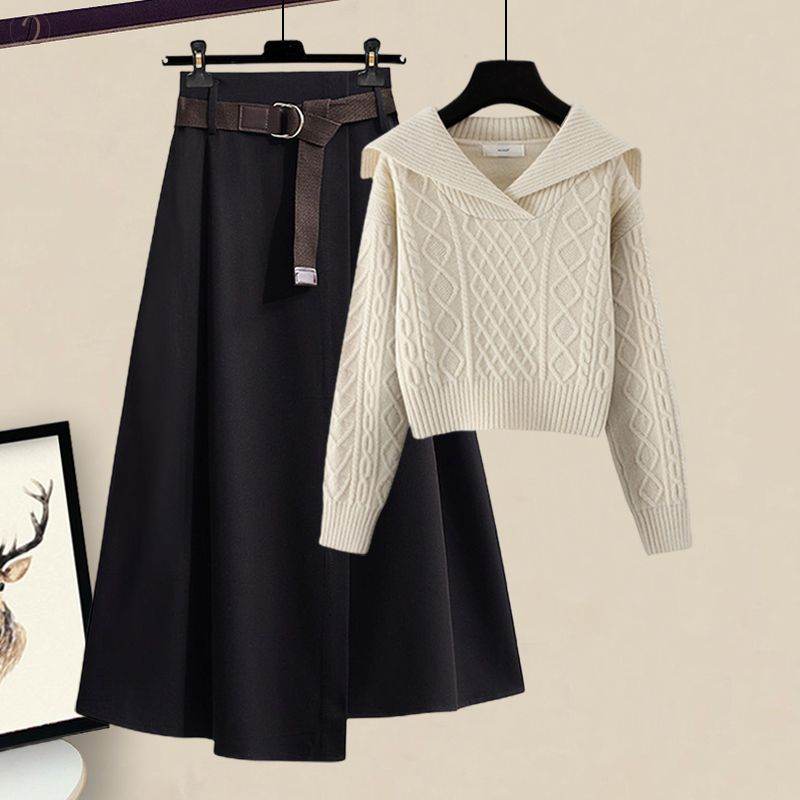 アイボリー/セーター+ブラック/スカート/セット