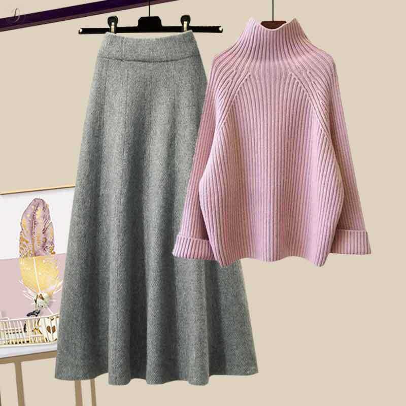 ピンク/セーター+グレー/スカート