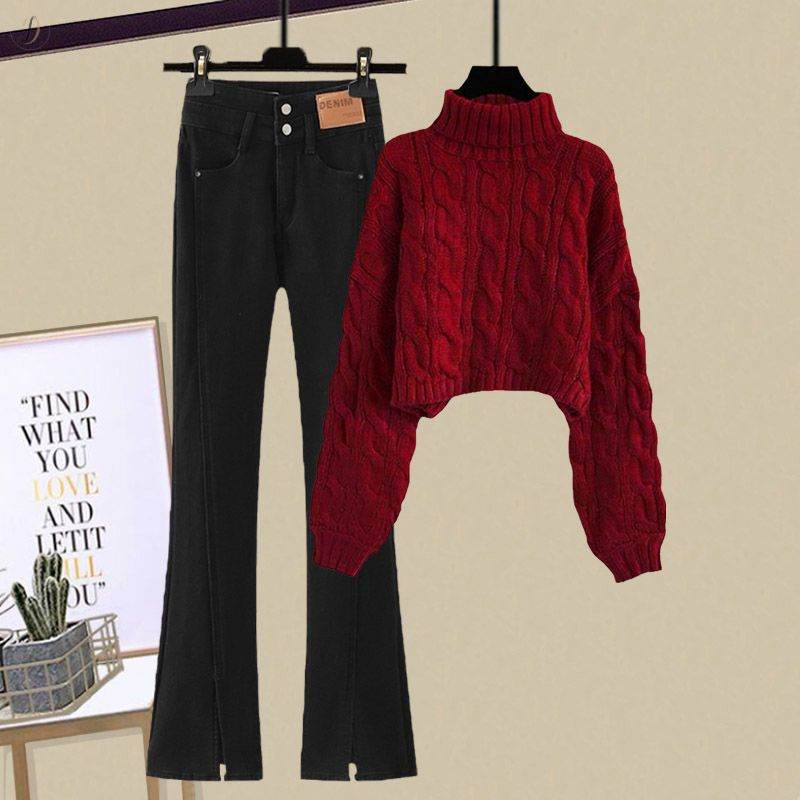 レッドセーター+ブラックパンツ/セット