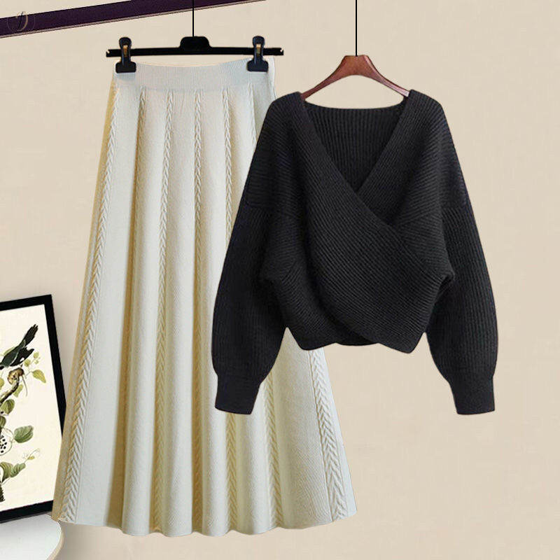 ブラックセーター+アイボリースカート/セット