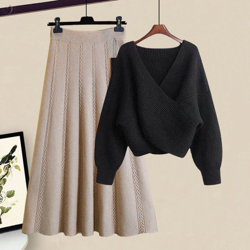 ブラックセーター+ベージュスカート/セット