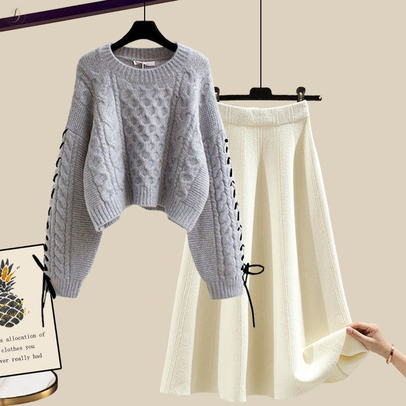 グレー/セーター+ホワイト/スカート