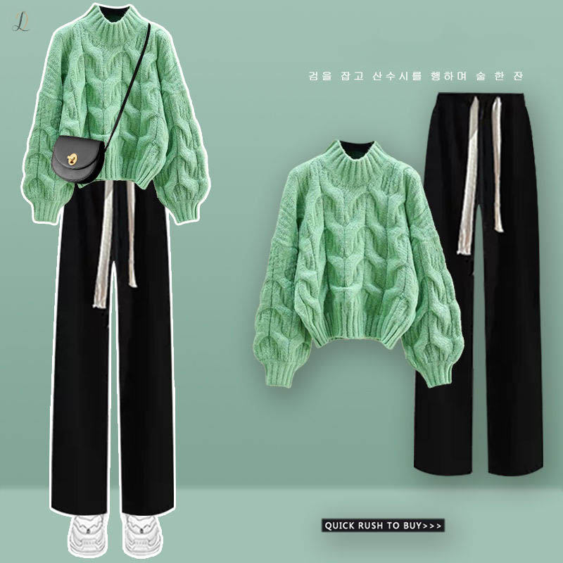 グリーンセーター+ブラックパンツ/セット
