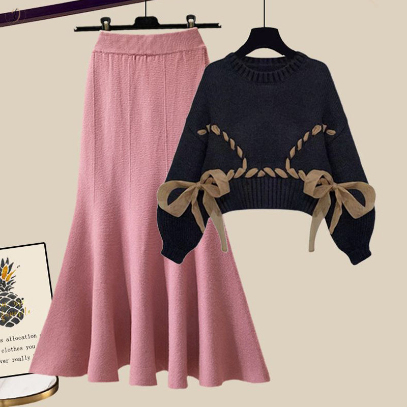 ブラックセーター+ピンクスカート/セット