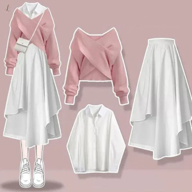 ホワイト/シャツ+ピンク/セーター+ホワイト/スカート