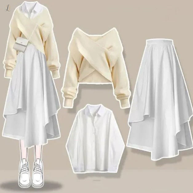 ホワイト/シャツ+アイボリー/セーター+ホワイト/スカート