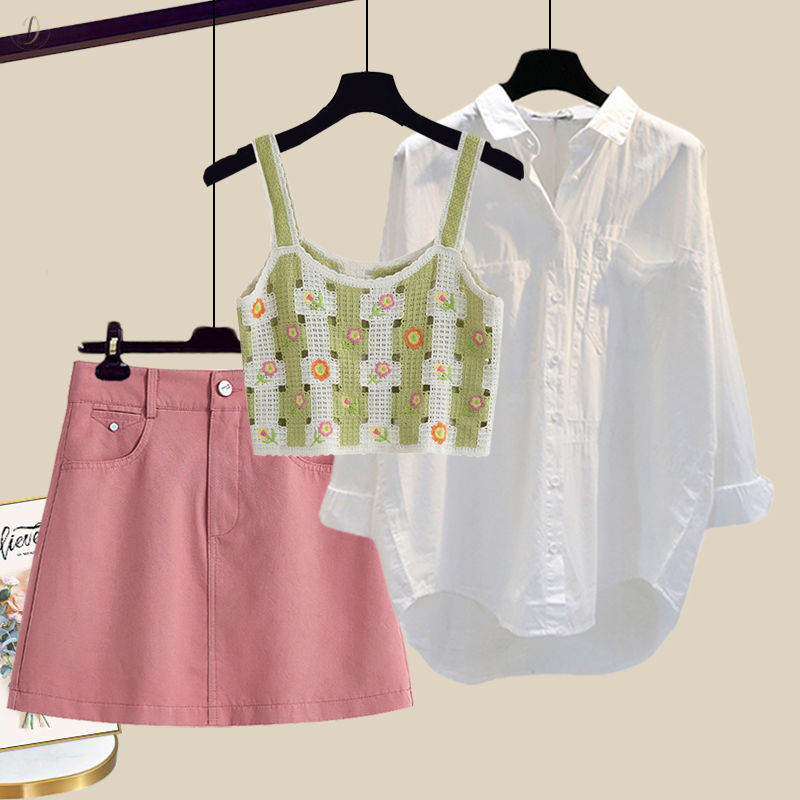 グリーン/タンクトップ＋ホワイト/シャツ＋ピンク/スカート