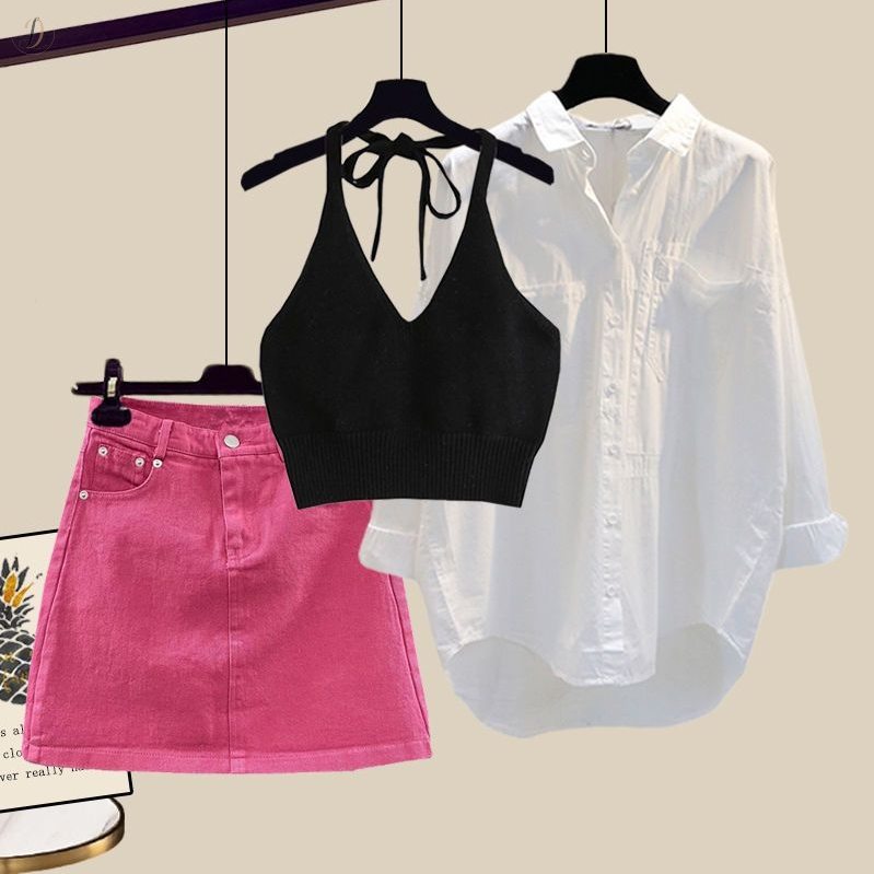 ブラック/タンクトップ+ホワイト/シャツ+ピンク/スカート