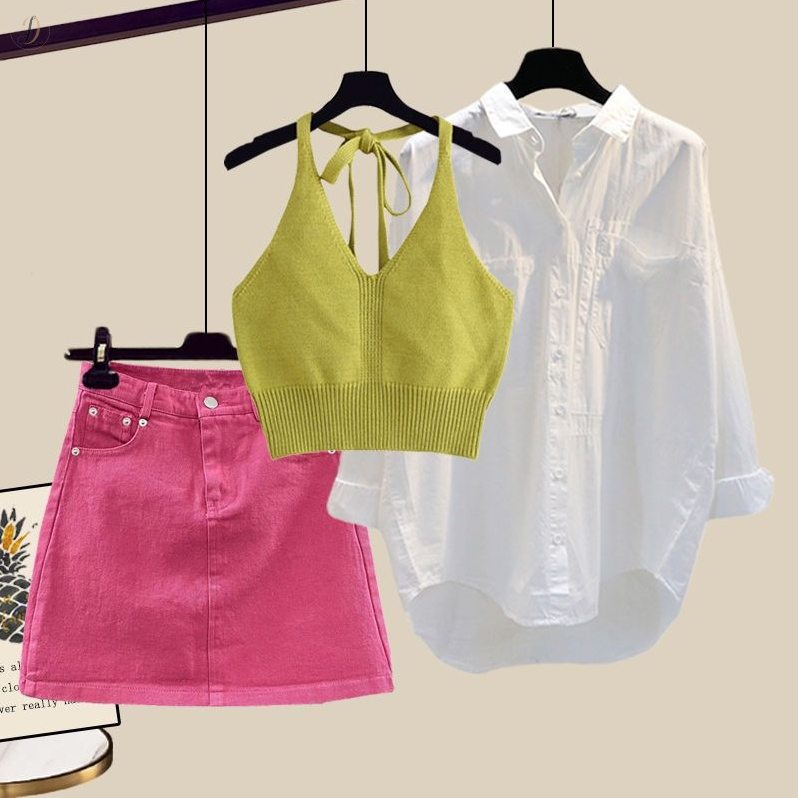 グリーン/タンクトップ+ホワイト/シャツ+ピンク/スカート
