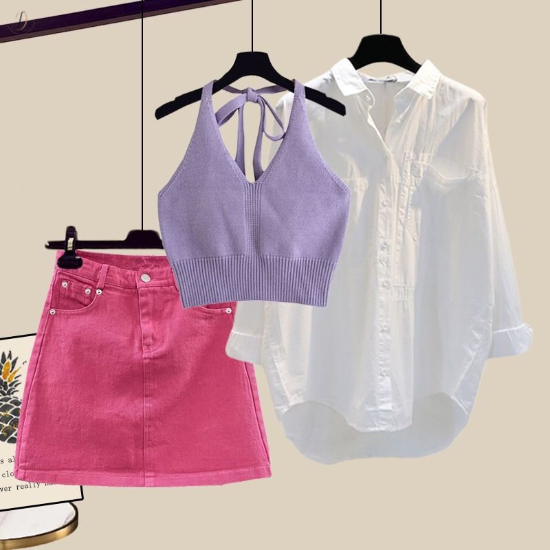 パープル/タンクトップ+ホワイト/シャツ+ピンク/スカート