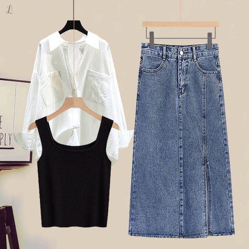 ホワイト/シャツ＋ブラック/キャミソール＋ブルー/スカート