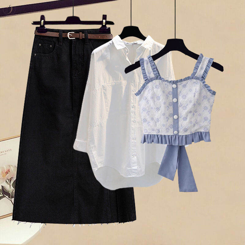 ブルー/タンクトップ+ホワイト/シャツ+ブラック/スカート