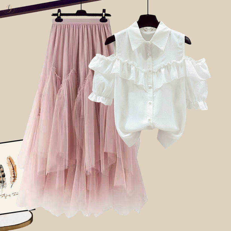 ホワイト/トップス+ピンク/スカート