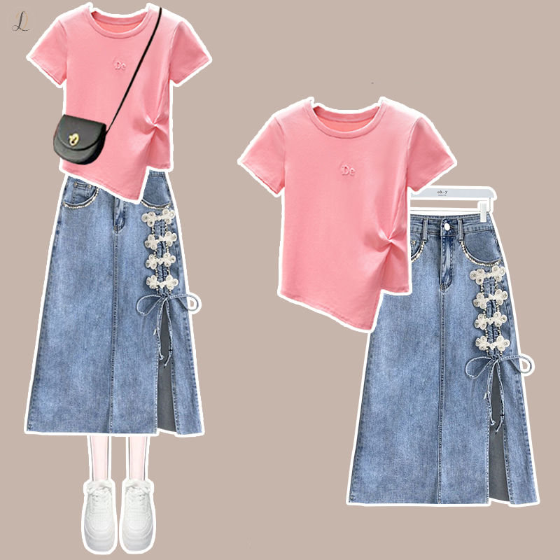 ピンク/Tシャツ+ブルー/スカート