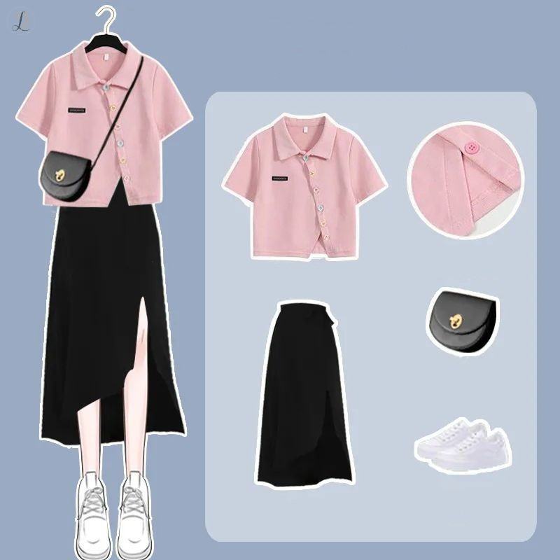 ピンク/トップス＋ブラック/スカート
