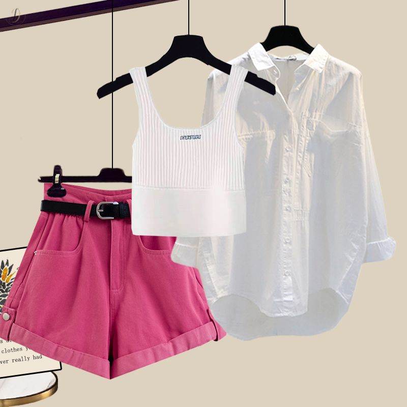 ホワイト/シャツ+ピンク/ショートパンツ