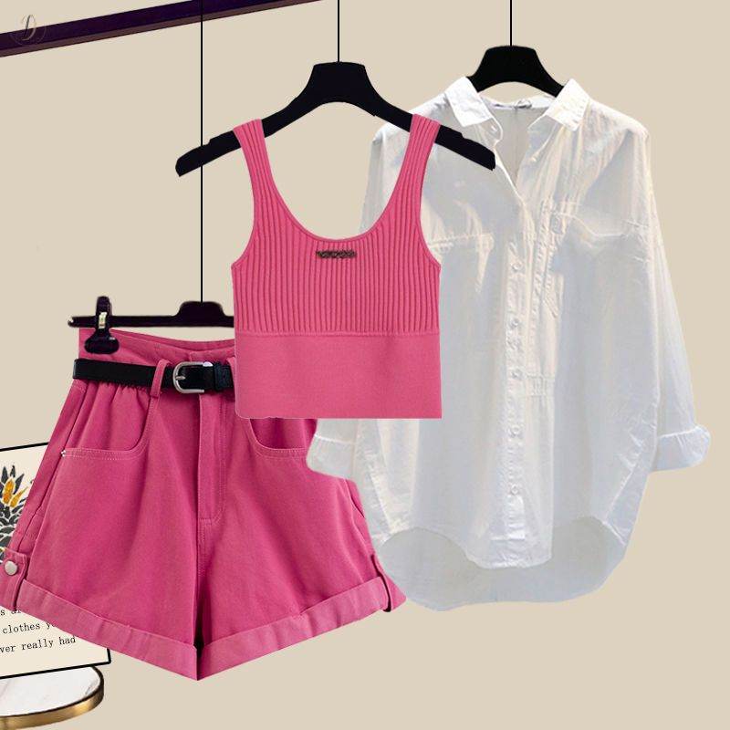 ホワイト/シャツ+ピンク/タンクトップ+ピンク/ショートパンツ