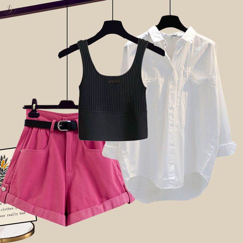 ホワイト/シャツ+ブラック/タンクトップ+ピンク/ショートパンツ