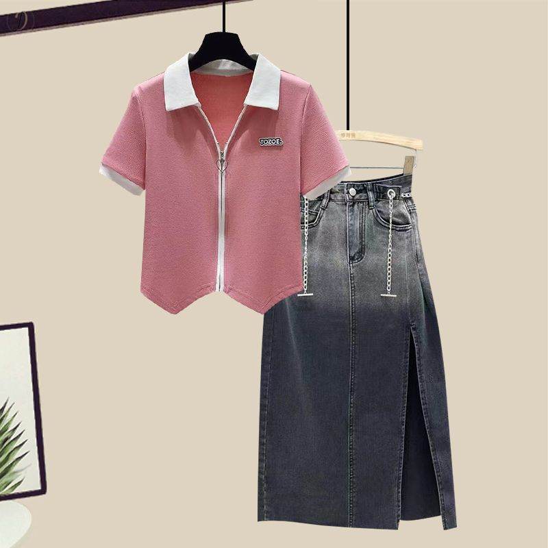 ピンク/Tシャツ+グレー/スカート