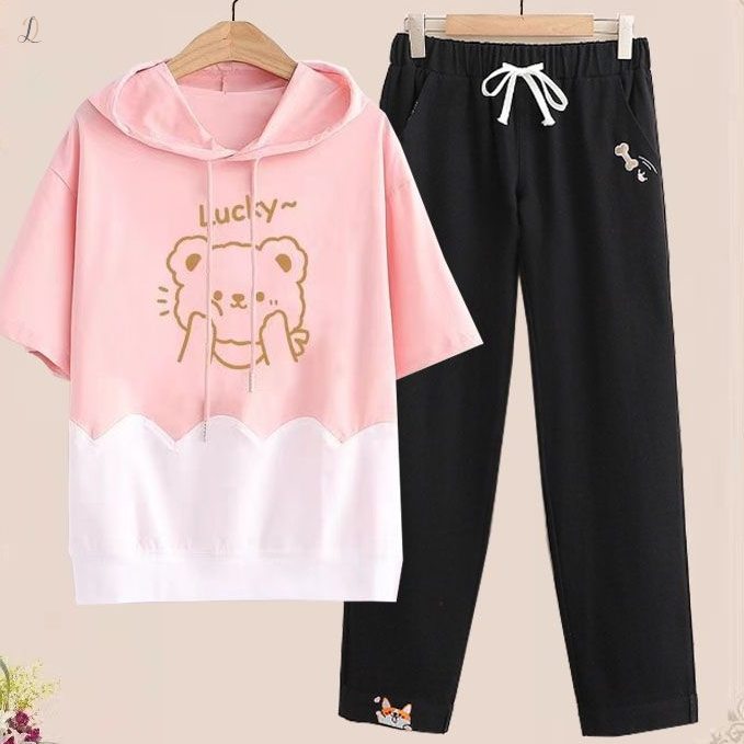ピンク01/Tシャツ+ブラック/パンツ