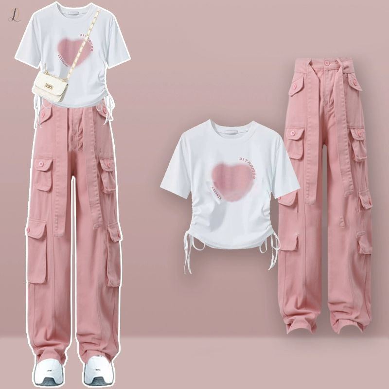 ホワイト/Tシャツ+ピンク/カジュアルパンツ