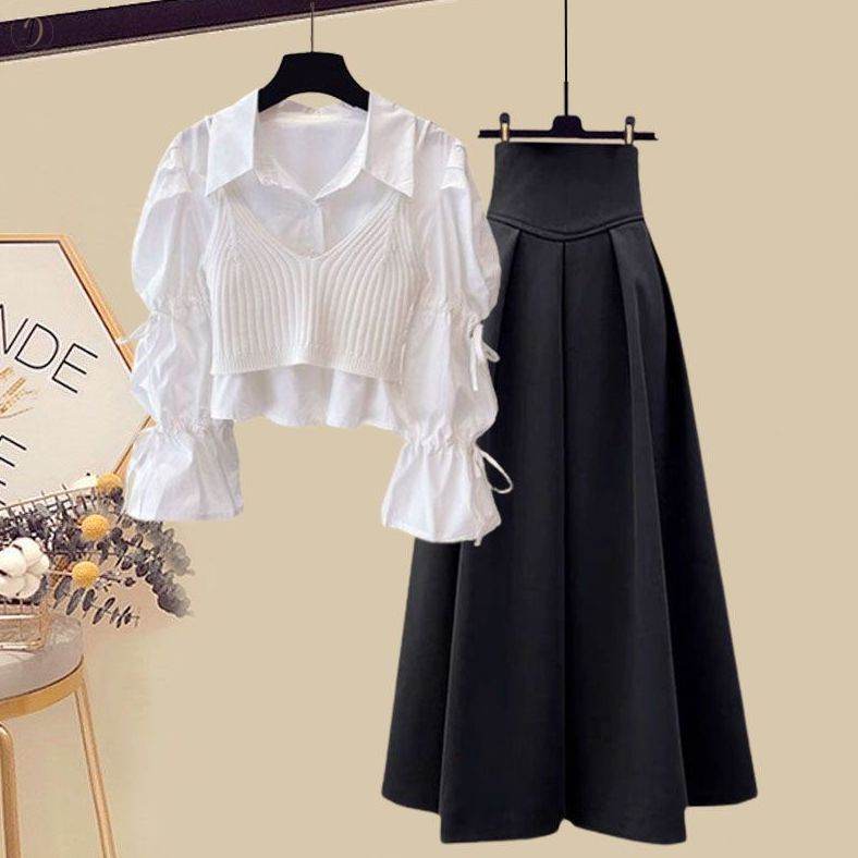 ホワイト/シャツ+ホワイト/ニット＋ブラック/スカート