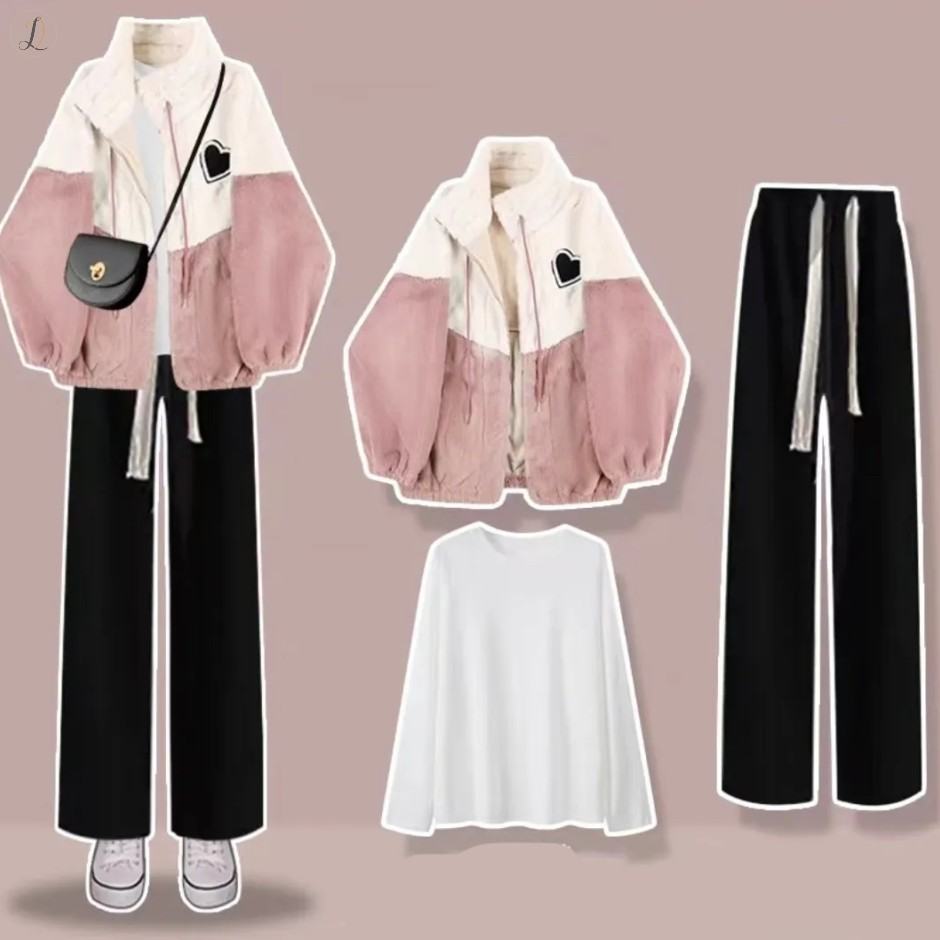 ピンク/ジャケット+ホワイト/Tシャツ+ブラック/カジュアルパンツ