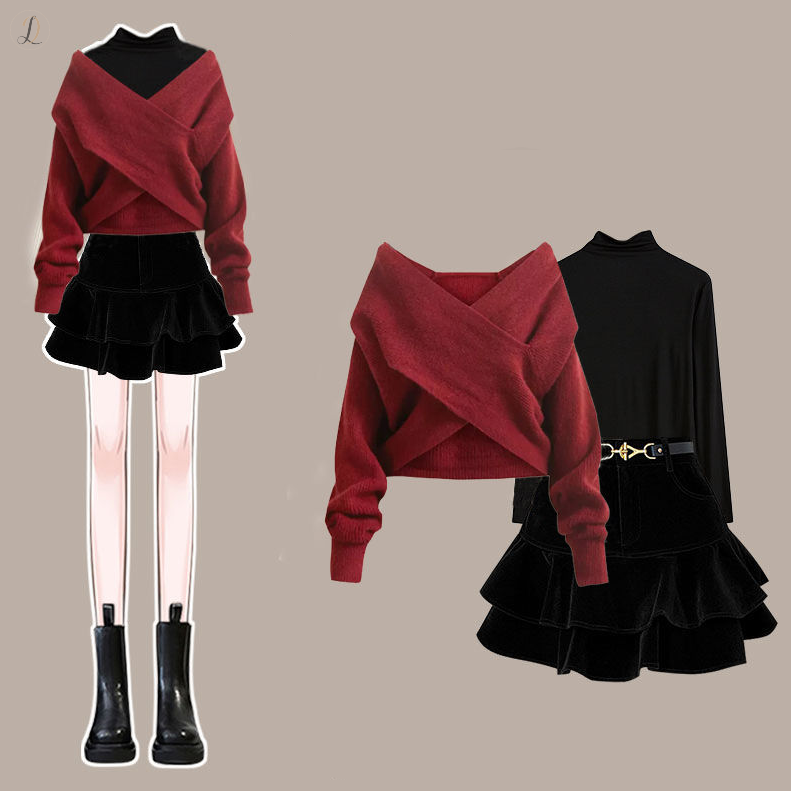 レッド/セーター+ブラック/カットソー+ブラック/スカート