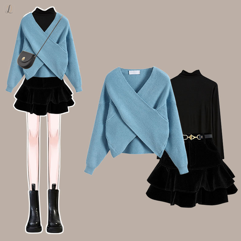 ブルー/セーター+ブラック/カットソー+ブラック/スカート