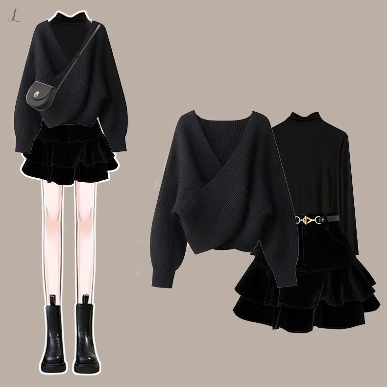 ブラック/セーター+ブラック/カットソー+ブラック/スカート