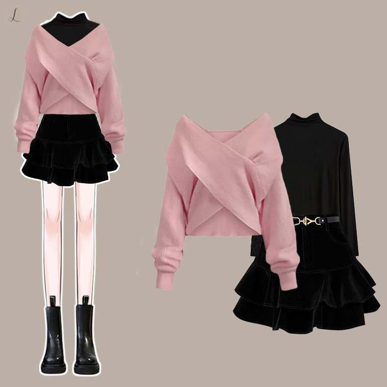 ピンク/セーター+ブラック/カットソー+ブラック/スカート