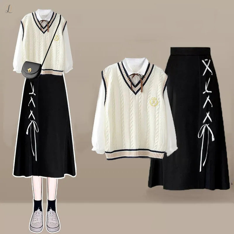 アイボリー/ベスト+ホワイト/シャツ+ブラック02/スカート