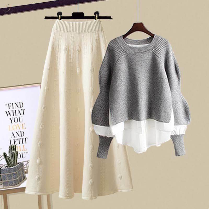 グレー/セーター+ホワイト/スカート