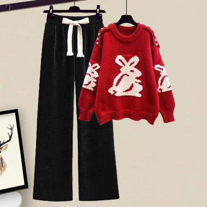 レッド/セーター+ブラック/薄手パンツ