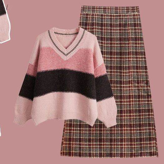 ピンク/セーター+ブラウン/スカート