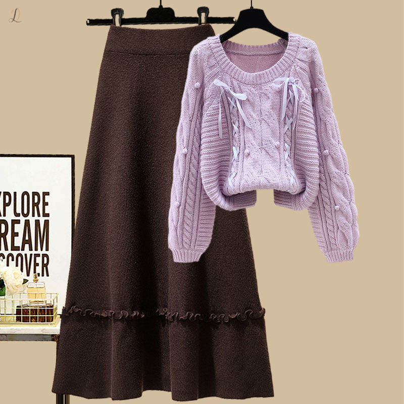 パープル/セーター+コーヒー/スカート