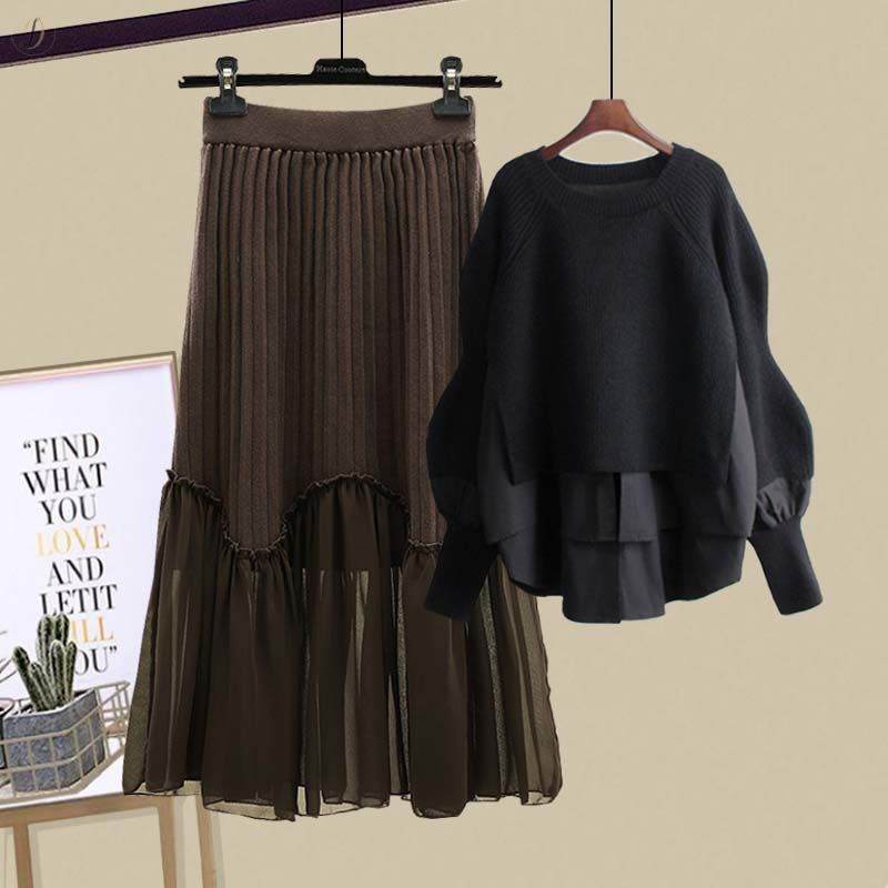 ブラック/セーター+コーヒー/スカート