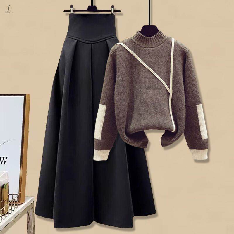 ブラウン/セーター+ブラック/スカート