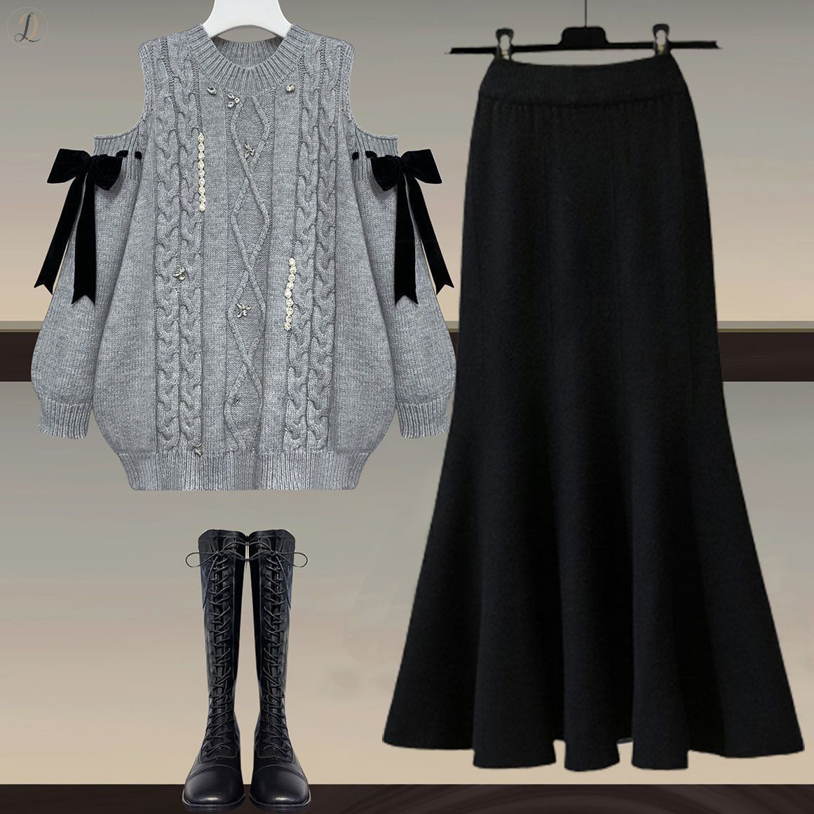 グレー/セーター+ブラック/ロングスカート