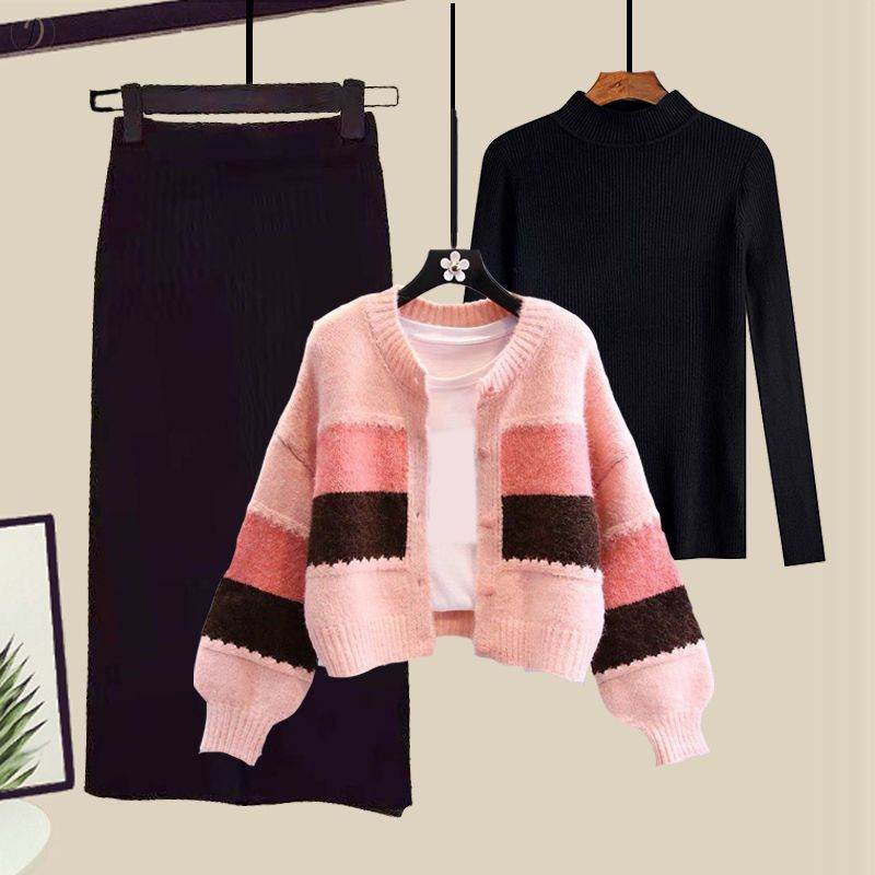 ブラック/ニット+ピンク/アウター+ブラック/スカート