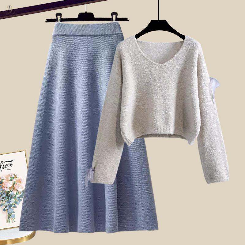 グレー/セーター+ブルー/スカート