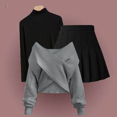 ブラック/カットソー+グレー/セーター+ブラック/スカート
