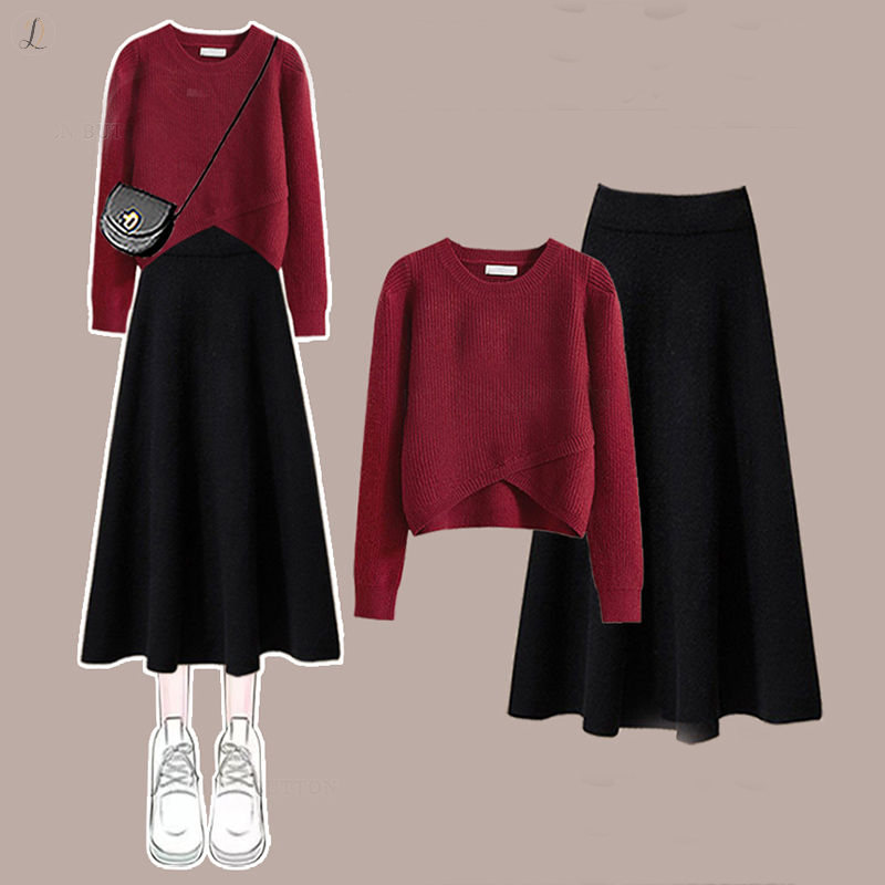 レッド/セーター+ブラック/スカート